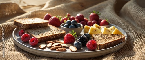 Assortment of Healthy Breakfast Foods on Burlap.