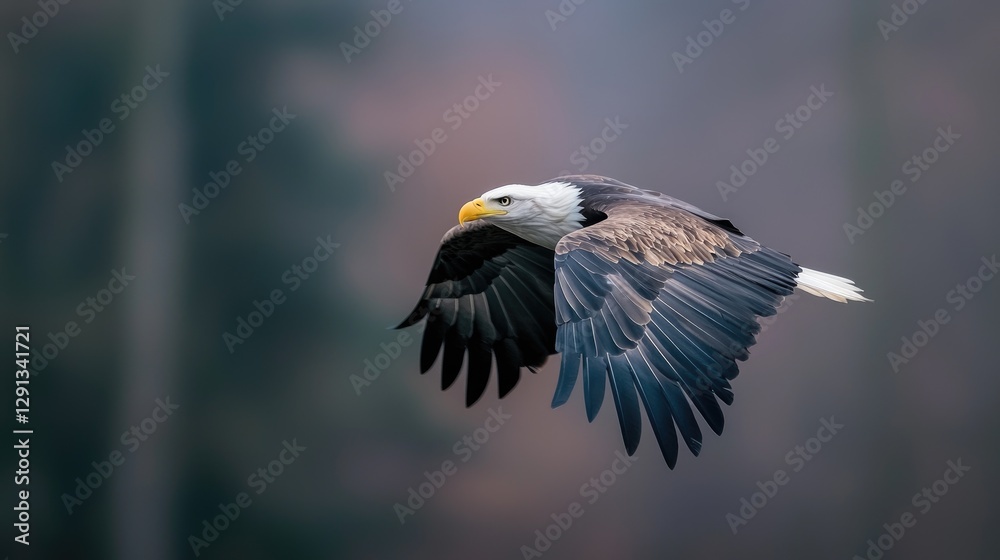 Fototapeta premium Majestic Bald Eagle in Flight Over Misty Forest