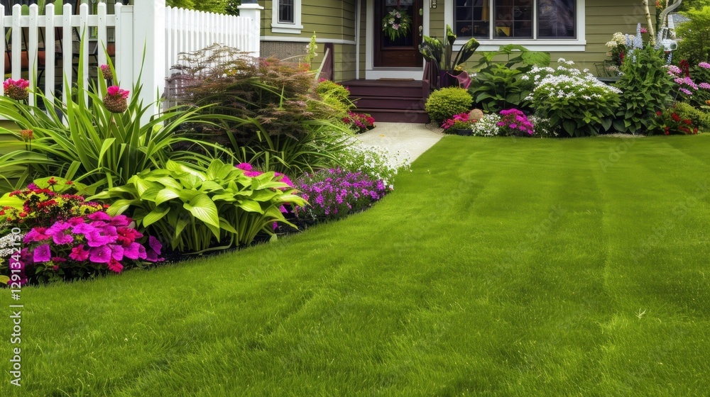 Naklejka premium view of the house decorated with lawn and flowers