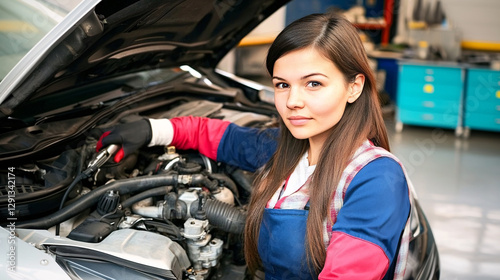 A woman is standing in front of a car engine