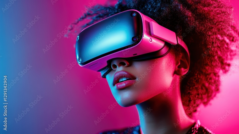 A black woman adorned with a modern VR headset emits an aura of curiosity and excitement, showcasing the impactful convergence of identity and digital technology in neon colors. A black woman adorned with a modern VR headset emits an aura of curiosity and excitement, showcasing the impactful convergence of identity and digital technology in neon colors.