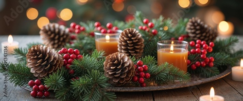 Festive Holiday Apple Cider Celebration with Pine Cones and Berries