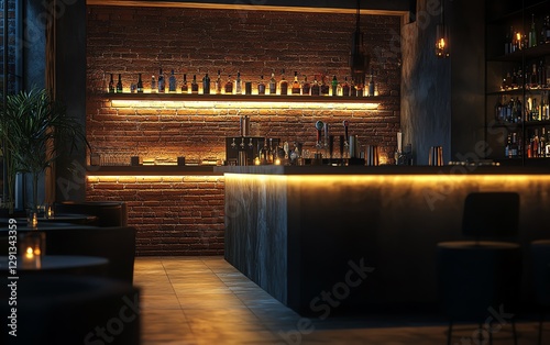 Highend modern bar with a dimly lit atmosphere, rustic brick wall, soft LED backlighting, luxurious seating, minimalist aesthetic, cinematic depth of field, ultraHD 8K