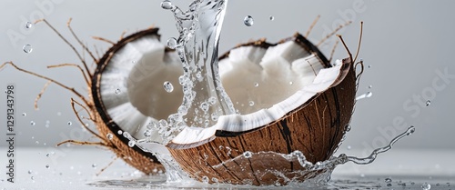 Coconut water splashing out of a cracked coconut.