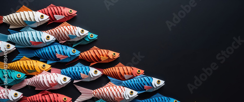 Colorful paper fish arranged on a black background with customer feedback focus and copy space for text