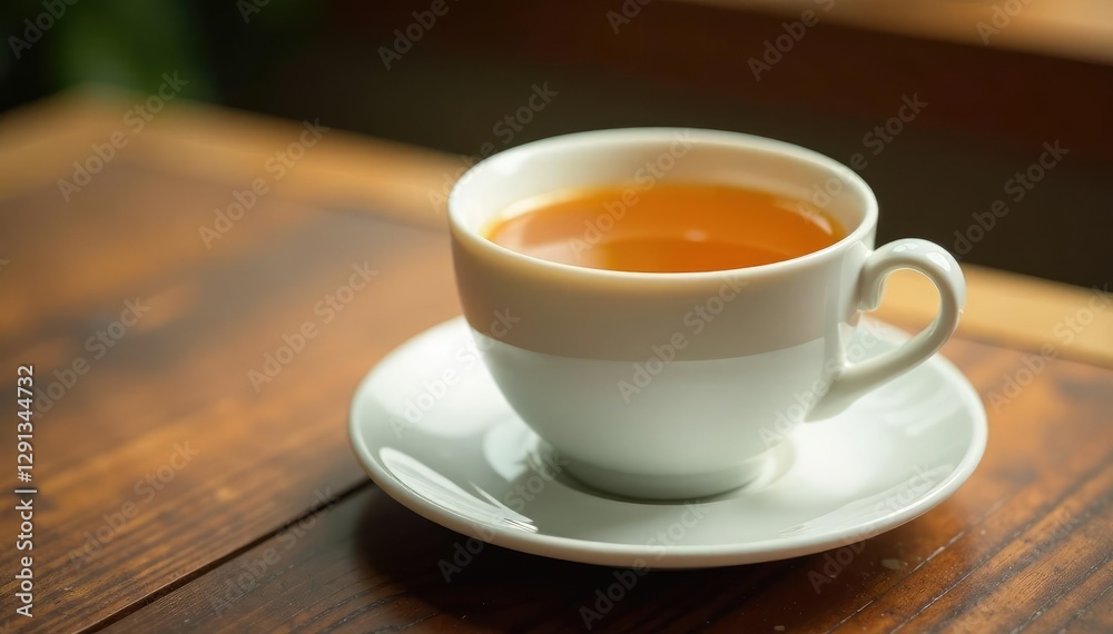 Warm golden liquid in a delicate white cup on a wooden table, porcelain, table Warm golden liquid in a delicate white cup on a wooden table, porcelain, table