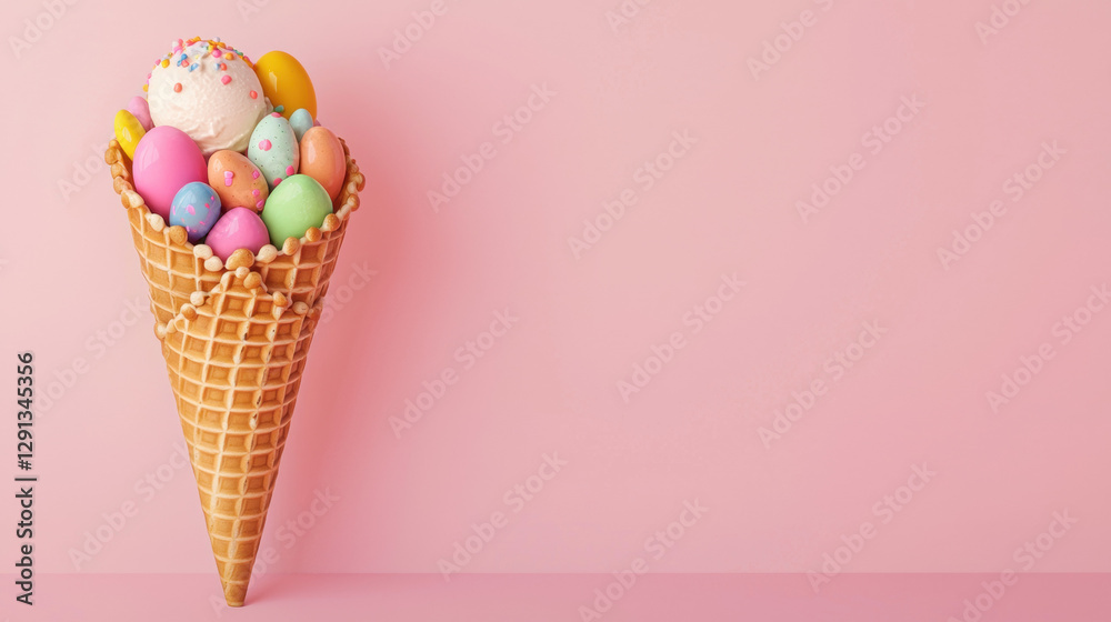 Easter Ice cream. Colorful ice cream cone with pastel eggs on a pink background. Easter Ice cream. Colorful ice cream cone with pastel eggs on a pink background.