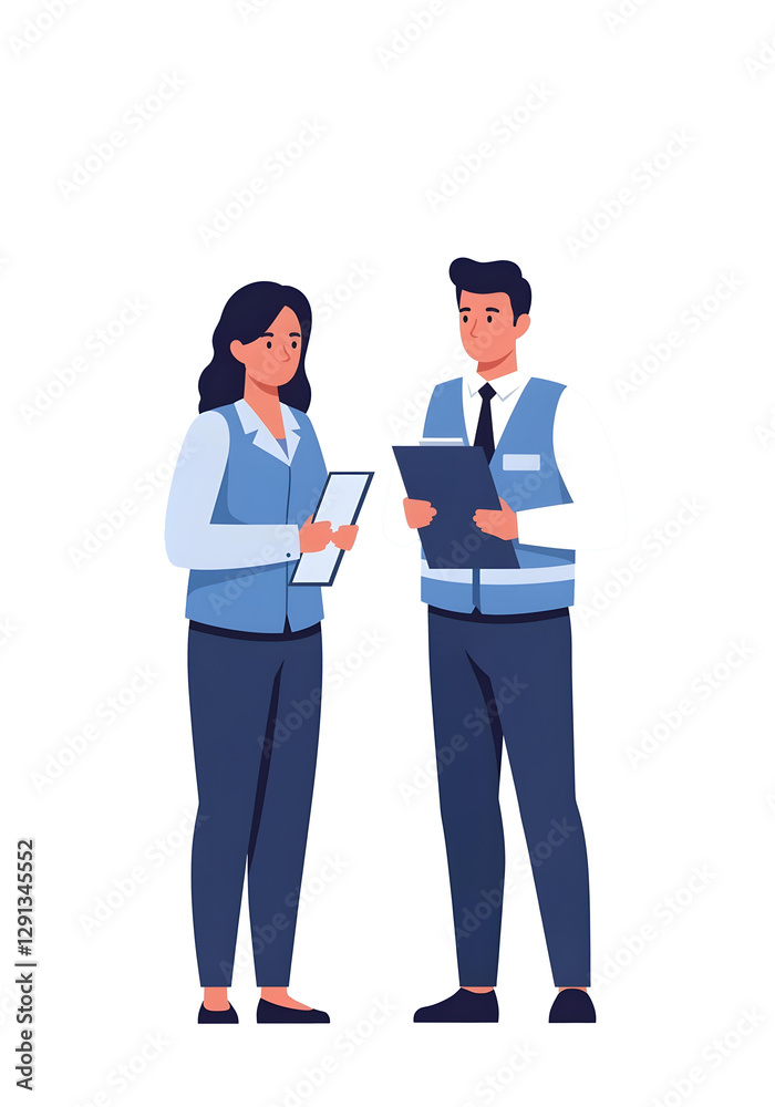 Illustration of Two Professionals in Safety Vests Discussing Work Plans with Clipboards Illustration of Two Professionals in Safety Vests Discussing Work Plans with Clipboards