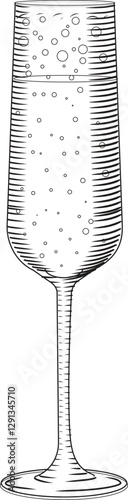 Tall glass with champagne vector illustration in sketch style. Sparkling wine or prosecco black and white image. Old engraving for bar and menu.