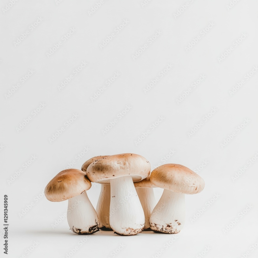 Three distinctive mushrooms elegantly displayed on a clean white background, highlighting their unique textures and shapes Three distinctive mushrooms elegantly displayed on a clean white background, highlighting their unique textures and shapes