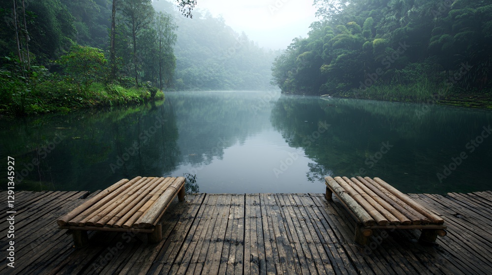 Calm Tropical Lake with Bamboo Dock and Misty Fog Calm Tropical Lake with Bamboo Dock and Misty Fog