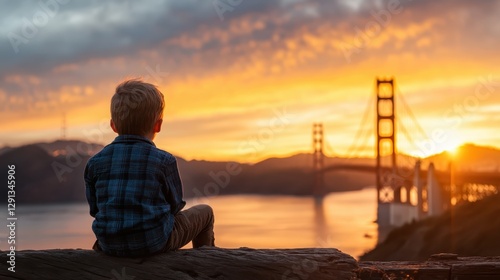 A child gazes at the iconic Golden Gate Bridge during a vivid sunset, capturing a moment of wonder and tranquility in a beautiful bay landscape full of colors.