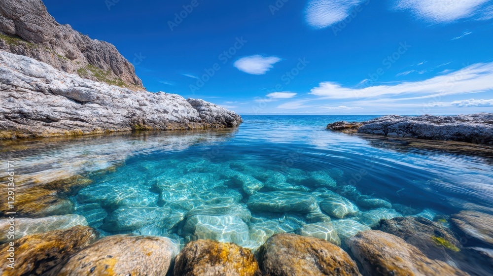 A beautiful landscape showcasing rocks juxtaposed with clear waters under a bright sky highlights the exquisite essence of nature's serene artistry. A beautiful landscape showcasing rocks juxtaposed with clear waters under a bright sky highlights the exquisite essence of nature's serene artistry.
