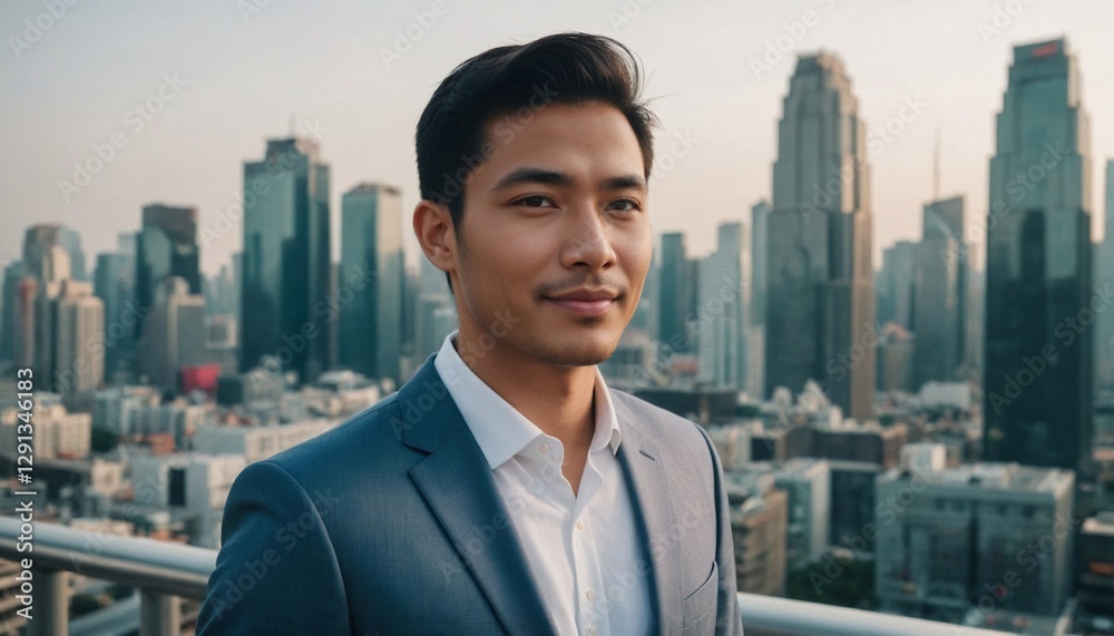 Southeast Asian Man in Futuristic Sustainable Metropolis with Vertical Garden Architecture Southeast Asian Man in Futuristic Sustainable Metropolis with Vertical Garden Architecture