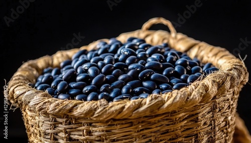 Overflowing Basket: A rustic woven basket brimful with vibrant black beans, their dark hue contrasting dramatically against the basket's texture and the black background.