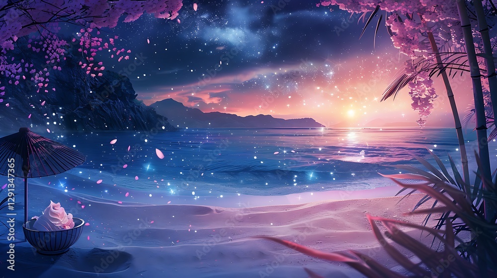Obraz premium Beautiful Blue Skies with Nature, Bright Moon ,Cloud ,Beach scenery, Tree, night -Anime concept Background