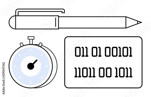 Pen next to stopwatch and binary code highlights connections between writing, time efficiency, and digital systems. Ideal for productivity, technology, coding, learning, innovation, organization