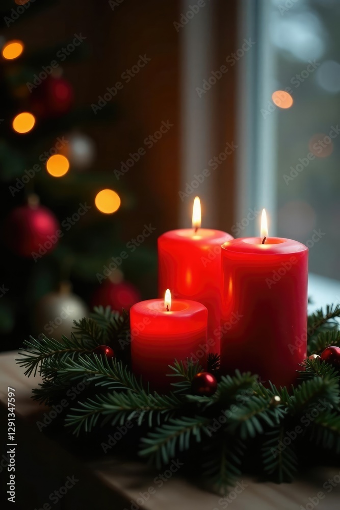 Warm red candles on a wooden wreath create a cozy atmosphere, warm, christmas Warm red candles on a wooden wreath create a cozy atmosphere, warm, christmas