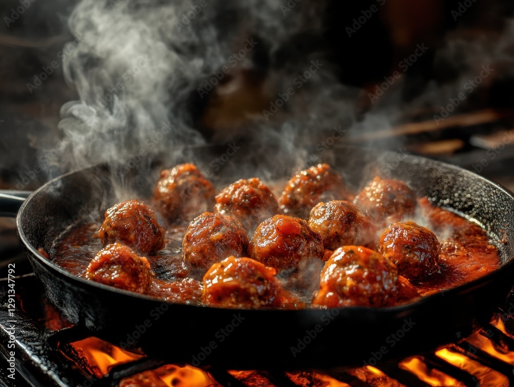Pan of juicy meat cooking on a stovetop in a cozy kitchen environment exuding delicious aromas Pan of juicy meat cooking on a stovetop in a cozy kitchen environment exuding delicious aromas