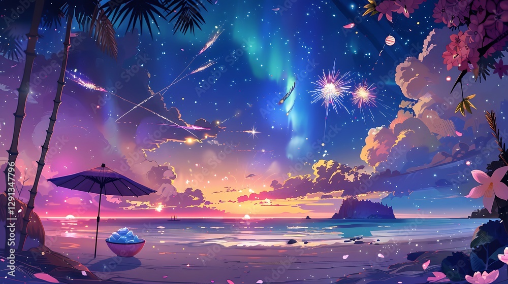 Obraz premium Beautiful Blue Skies with Nature, Bright Moon ,Cloud ,Beach scenery, Tree, night -Anime concept Background