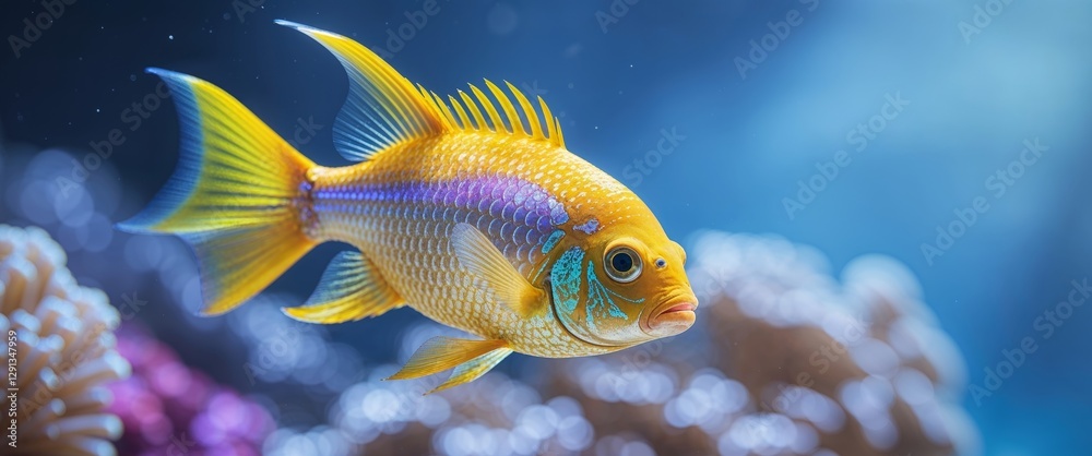 Yellow fish swimming over coral on display with mystical blue background. Yellow fish swimming over coral on display with mystical blue background.