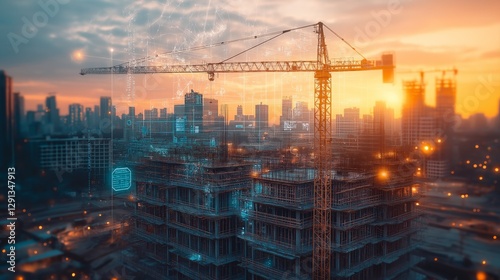 Blurred long-exposure photo of construction site at dusk with cranes in motion, overlaid with holographic data visualizations displaying real-time project analytics, merging technology and industry