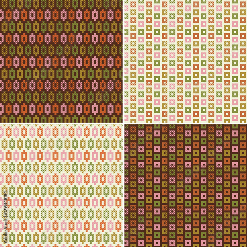 cross stitch seamless patterns with pink orange green and brown