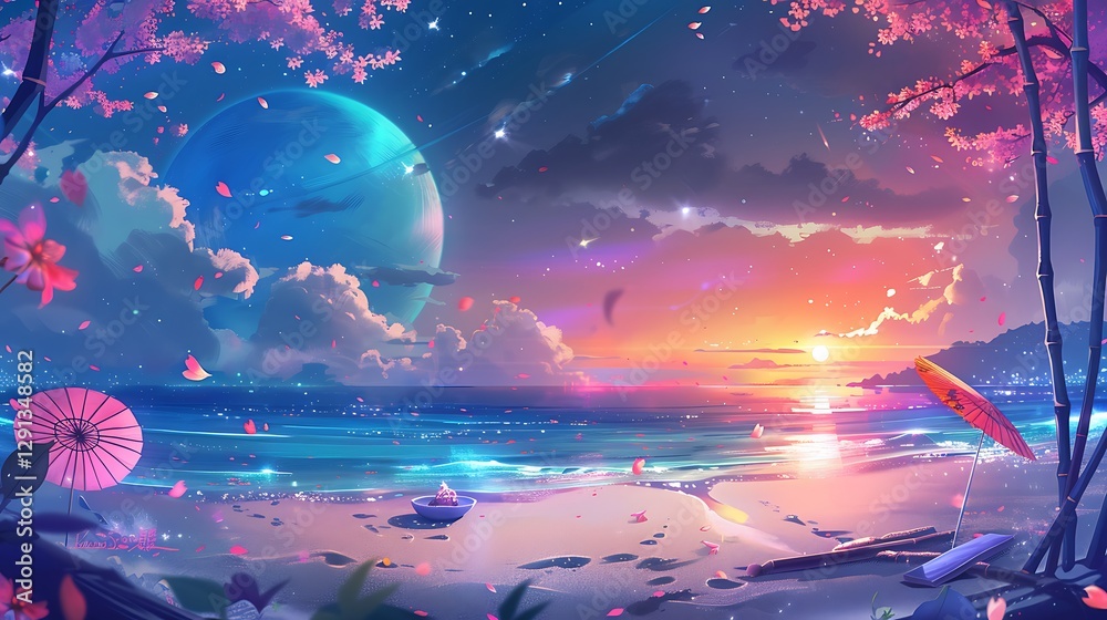 Obraz premium Beautiful Blue Skies with Nature, Bright Moon ,Cloud ,Beach scenery, Tree, night -Anime concept Background