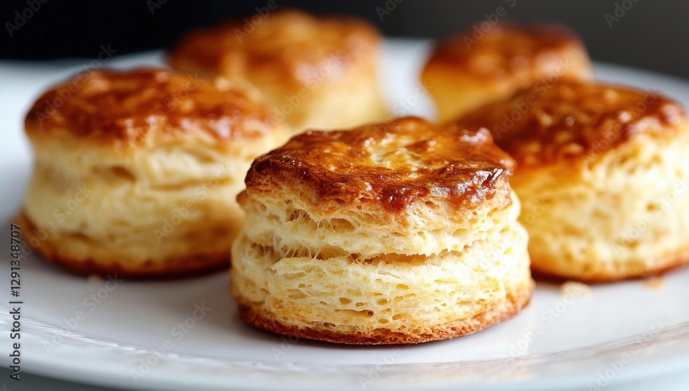 Golden Buttery Biscuits: Close-up of a plate with five golden, freshly baked biscuits, their flaky layers perfectly defined, enticing with their delicious aroma. Golden Buttery Biscuits: Close-up of a plate with five golden, freshly baked biscuits, their flaky layers perfectly defined, enticing with their delicious aroma.