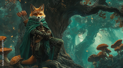 Fox archer in a green cloak stands under a large tree against a background of large mushrooms with red caps. Dark Fantasy. photo