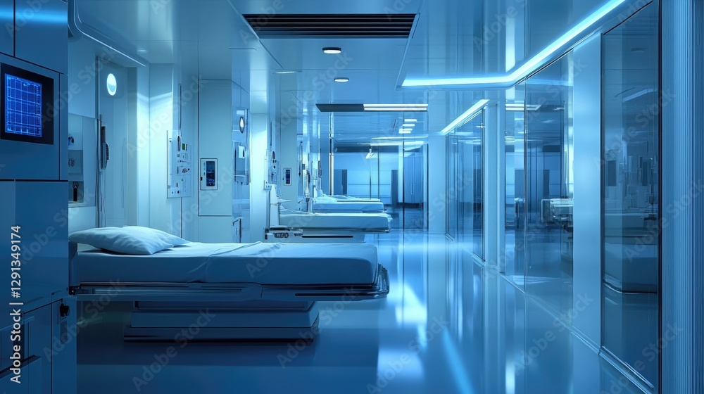 A futuristic clinic design with glass partitions, white surfaces, and ambient blue lighting. High-tech and sterile. A futuristic clinic design with glass partitions, white surfaces, and ambient blue lighting. High-tech and sterile.