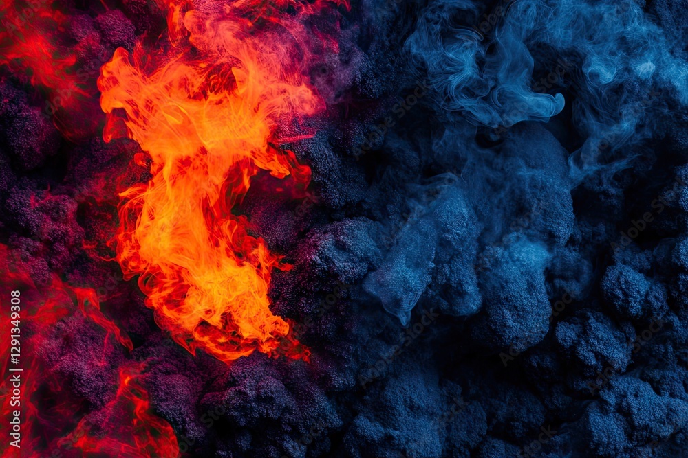Fototapeta premium Fiery orange and blue smoke contrast. Abstract art background