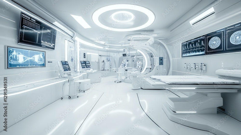 A futuristic healthcare environment with smart medical devices, white surfaces, and digital monitors. A futuristic healthcare environment with smart medical devices, white surfaces, and digital monitors.