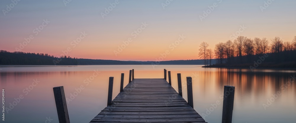 Fototapeta premium Serene Twilight Wooden Dock on Calm Lake