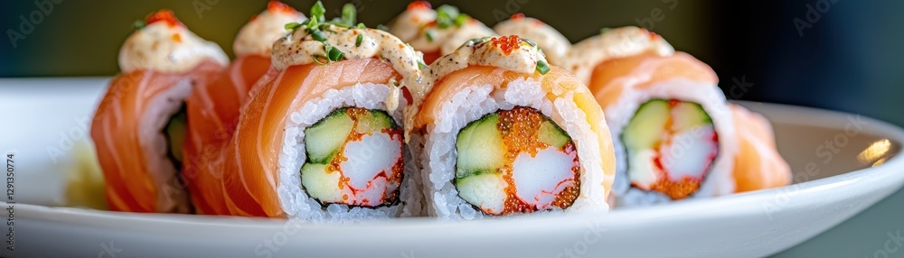 Delicious Salmon Sushi Rolls with Cream Cheese Cucumber and Tobiko Japanese Cuisine Delicious Salmon Sushi Rolls with Cream Cheese Cucumber and Tobiko Japanese Cuisine