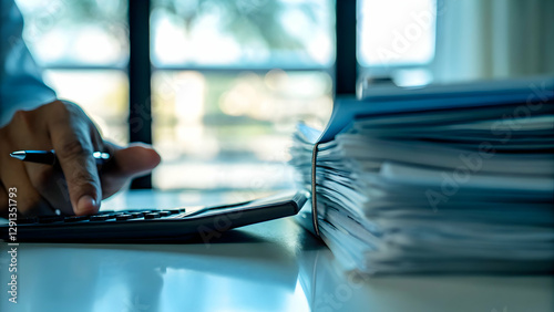 Nervous filer checks ledger distinguishing taxable vs non taxable sums refining each entry to meet exact regulatory demands concept as Simple desk a calculator blinks each figure sorted into proper co