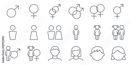 Vector icons gender symbols. Man and woman pictograms for signs and navigation. Includes male, female, couple, same-gender pairs, boy and girl figures. Editable stroke line set. Universal identity.