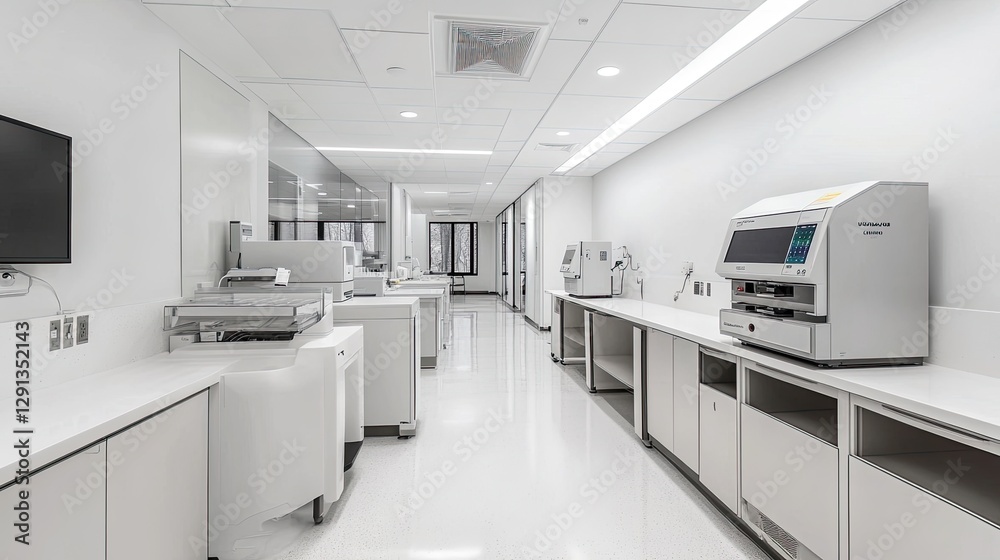 A modern clinic laboratory with state-of-the-art diagnostic machines, white surfaces, and a clean environment. A modern clinic laboratory with state-of-the-art diagnostic machines, white surfaces, and a clean environment.