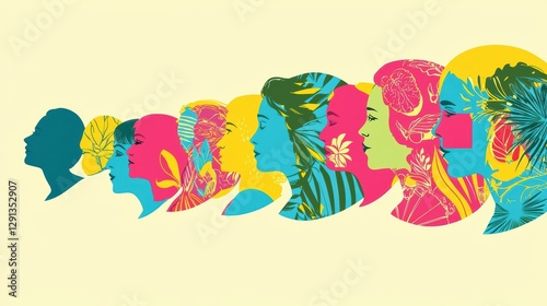 A colorful illustration of diverse female profiles.