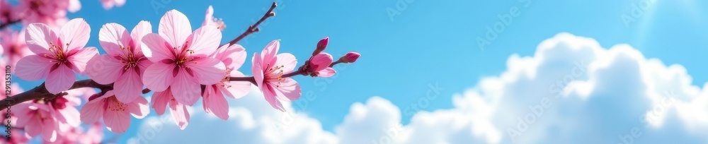 A delicate pink cherry blossom on a branch against a clear blue sky with fluffy white clouds, Himalayan plant, cloud scenery A delicate pink cherry blossom on a branch against a clear blue sky with fluffy white clouds, Himalayan plant, cloud scenery