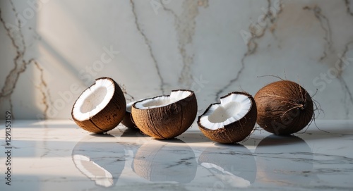 Fresh Coconut Halves and Pieces on a White Marble Surface photo