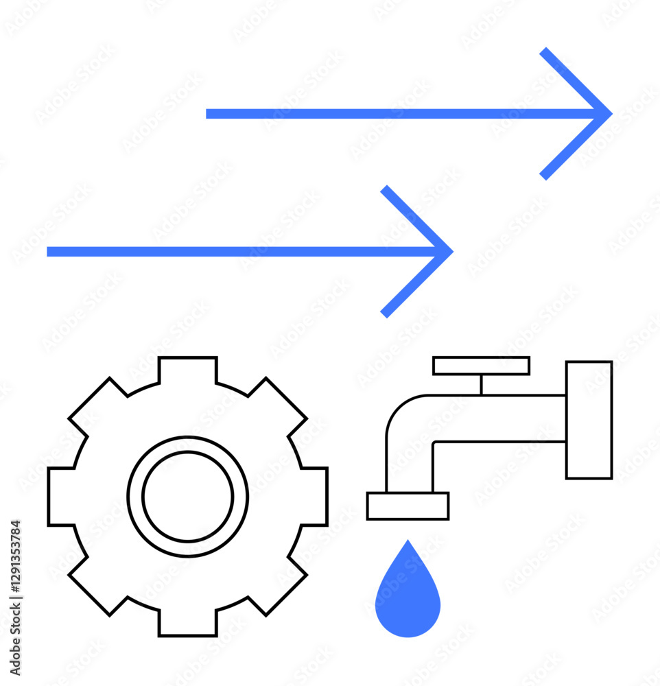 Gear and faucet with water droplet paired with arrows symbolizing flow and operations. Ideal for processes, efficiency, sustainability, engineering, water systems, innovation, abstract line flat Gear and faucet with water droplet paired with arrows symbolizing flow and operations. Ideal for processes, efficiency, sustainability, engineering, water systems, innovation, abstract line flat