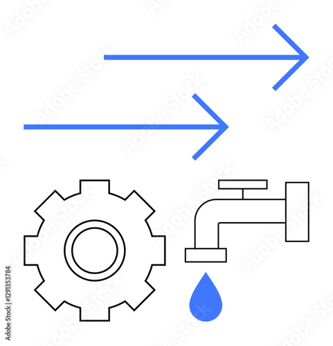 Gear and faucet with water droplet paired with arrows symbolizing flow and operations. Ideal for processes, efficiency, sustainability, engineering, water systems, innovation, abstract line flat