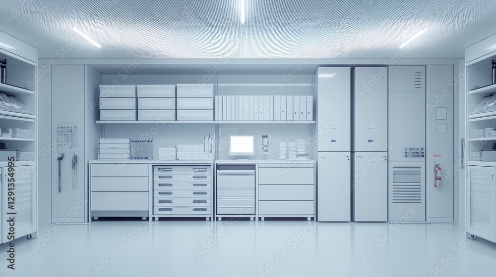 A clean and minimalistic clinic storage room with white cabinets, medical files, and neatly arranged tools. A clean and minimalistic clinic storage room with white cabinets, medical files, and neatly arranged tools.