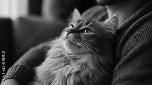 Domestic cat comfortably resting on a persons lap, showcasing the bond between pets and their owners