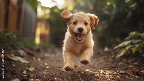 Energetic small dog joyfully running through a vibrant green forest with sunlight filtering through the trees