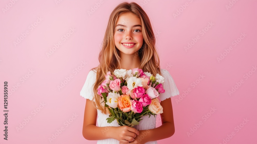 Teen girl holds a colorful bouquet of flowers in a studio setting with a pink background, showcasing her bright smile and youthful energy Teen girl holds a colorful bouquet of flowers in a studio setting with a pink background, showcasing her bright smile and youthful energy