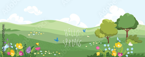 Spring landscape with beautiful flower. Vector illustration