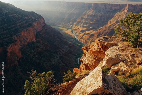 Majestic canyon landscape with winding river at sunset