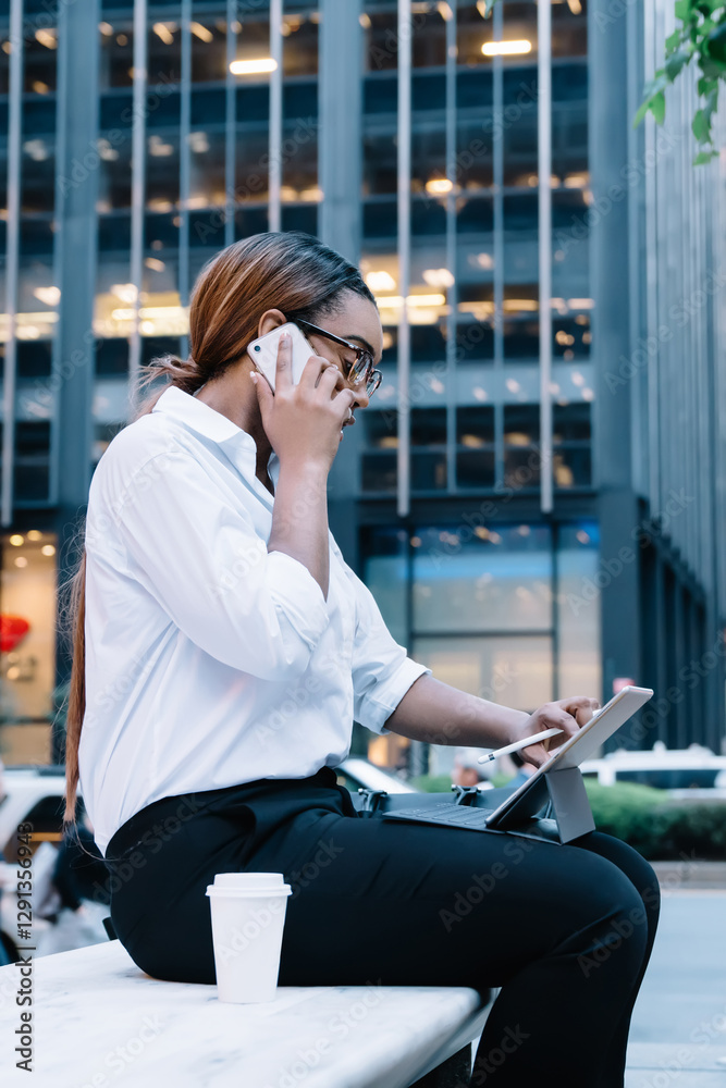 Fototapeta premium Focused businesswoman having phone call using gadgets in work